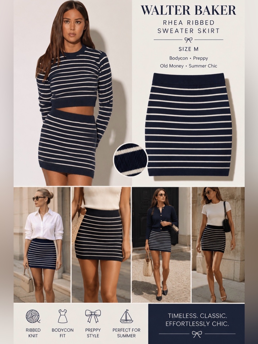 Walter Baker Rhea Ribbed Sweater Skirt M Preppy Old Money Coastal Chic